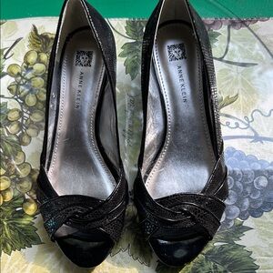 Anne Klein Black Textured Peep Toe Wedges